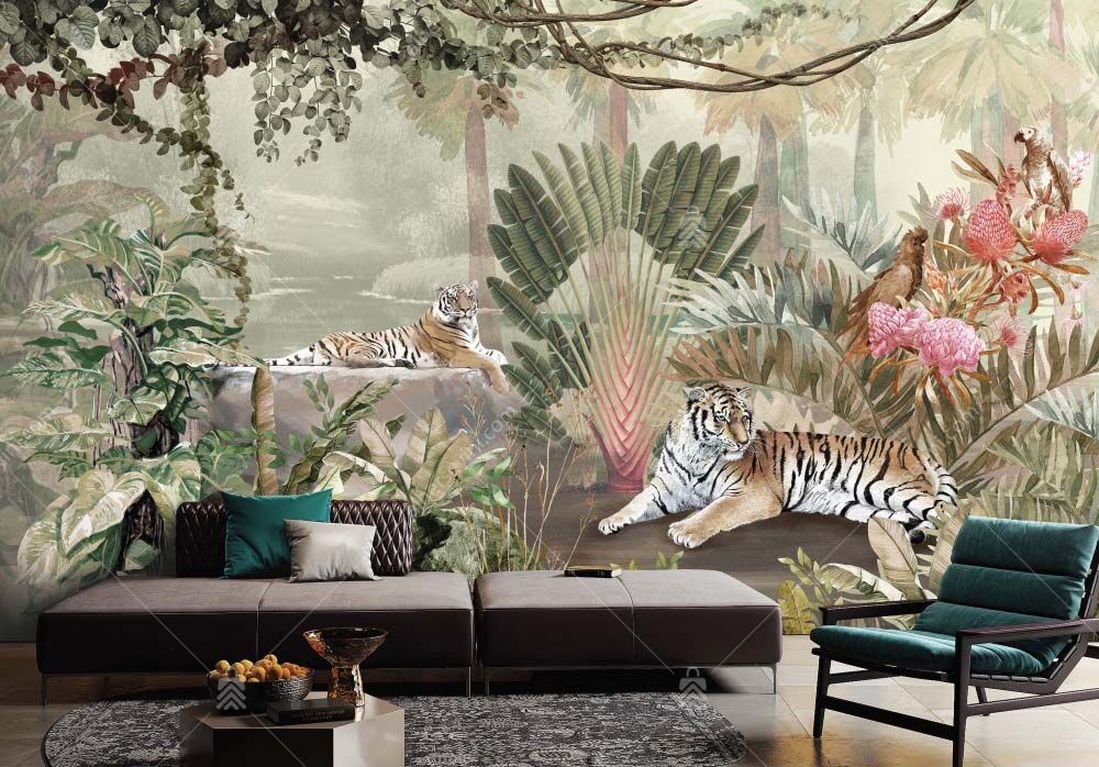 A311-1 Amazon Tropikal Ormandaki Kaplan ve Papağanlar Poster Duvar Kağıdı Uygulama