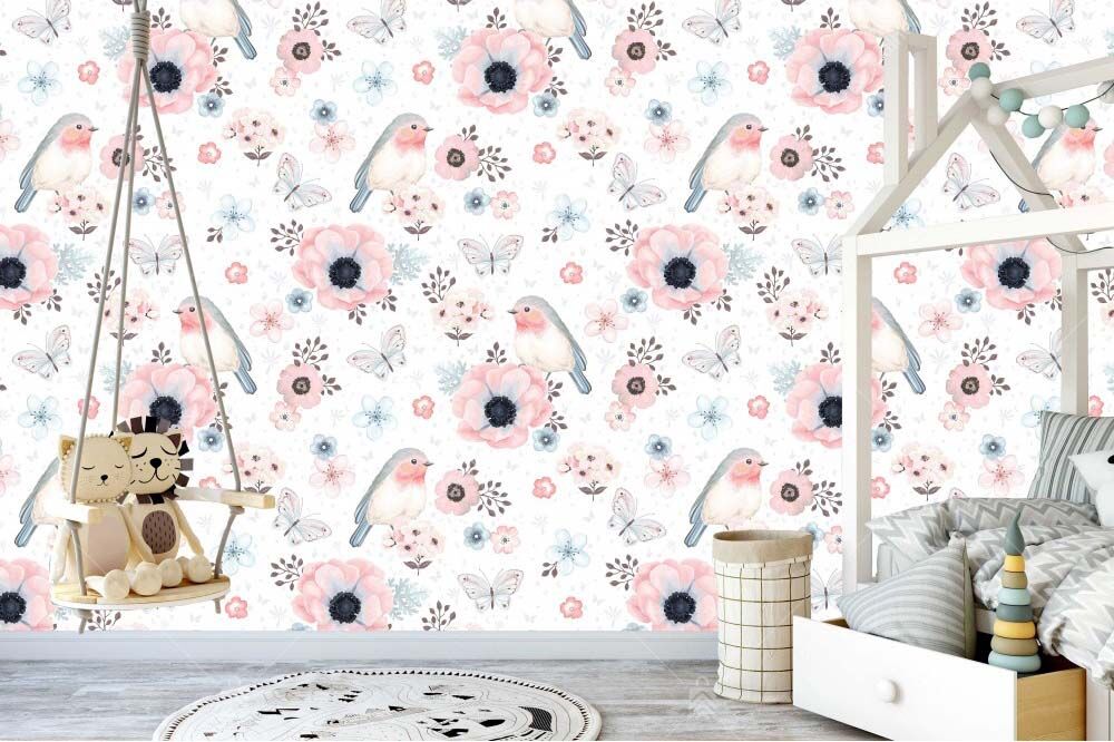 M1038-birds-and-flowers-Mural-Poster-Wallpaper-kus-ve-cicek-desenli-Cocuk-Odasi-Poster-Duvar-Kagidi-Moneta M1038 Moneta Kuş ve Çiçek Desenli Çocuk Odası Duvar Posteri Uygulama