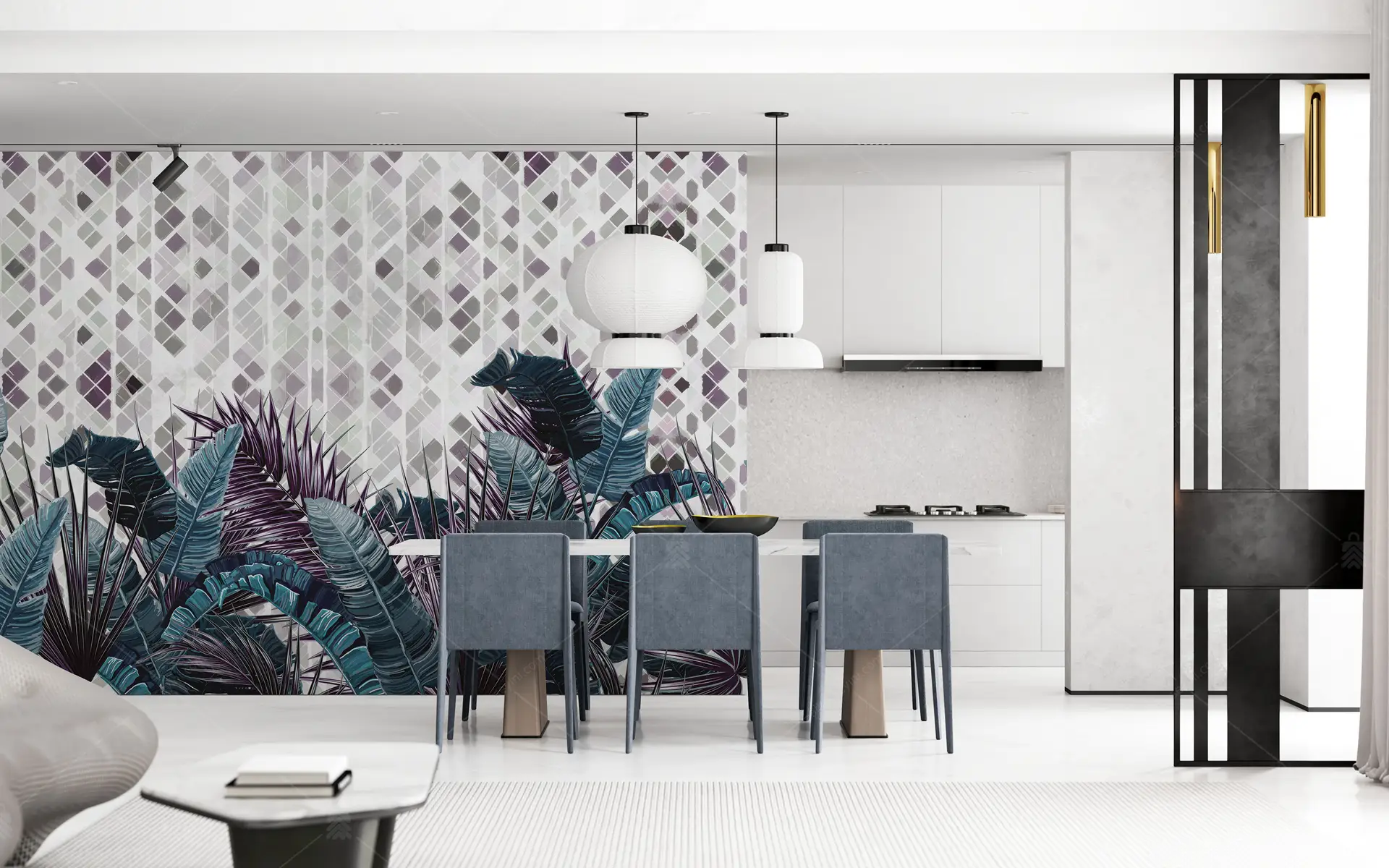 GRP040087 Geometrik Zeminde Tropikal Yapraklar Poster Duvar Kağıdı