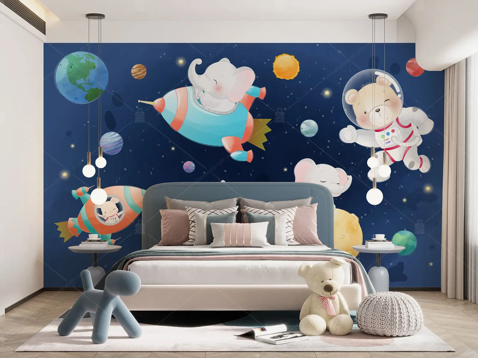 GRP510001 Uzaydaki Sevimli Hayvanlar Çocuk Odası Poster Duvar Kağıdı