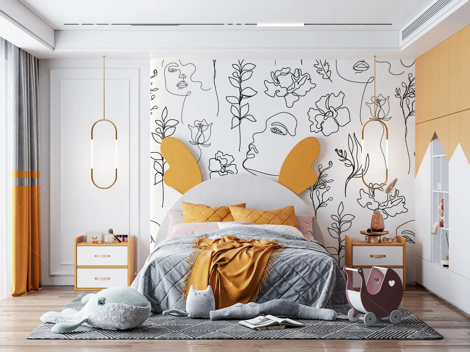 GRP750125 Çiçek ve Kadın Çizimi Pop Art Poster Duvar Kağıdı