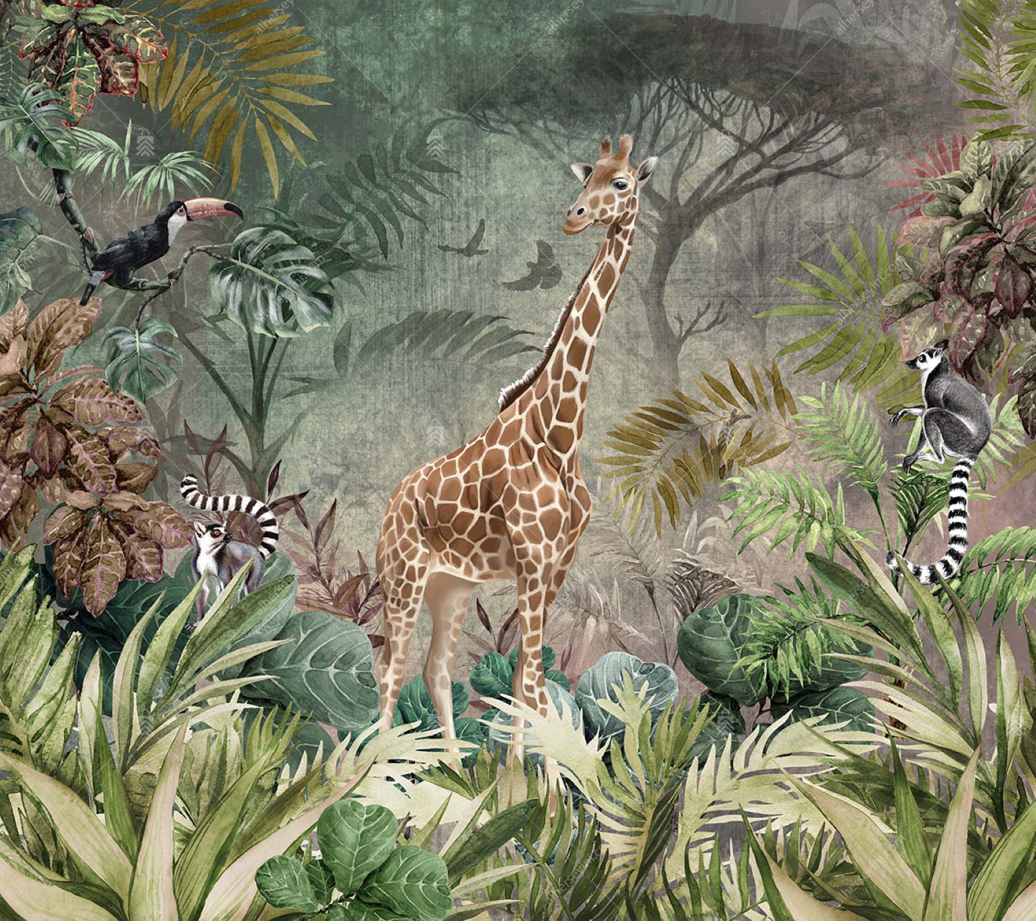 A312-3 Amazon Tropikal Ormandaki Zurafa ve Lemurlar Tukan Kuşu Duvar Posteri