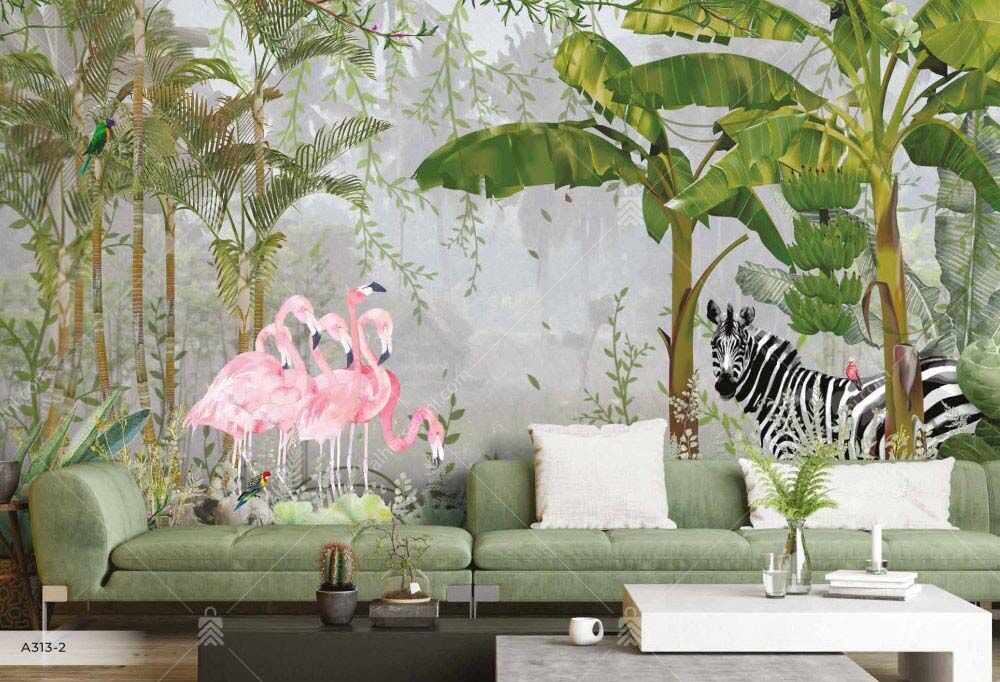 A313-2 Amazon Tropikal Ormandaki Flamingolar ve Zebra Duvar Posteri Uygulama