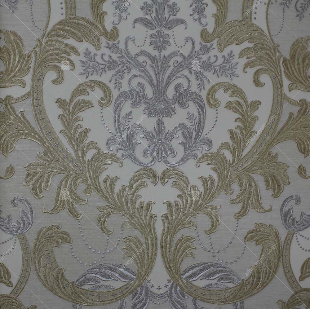 1002-6 Altın Gümüş Damask Desen Duvar Kağıdı