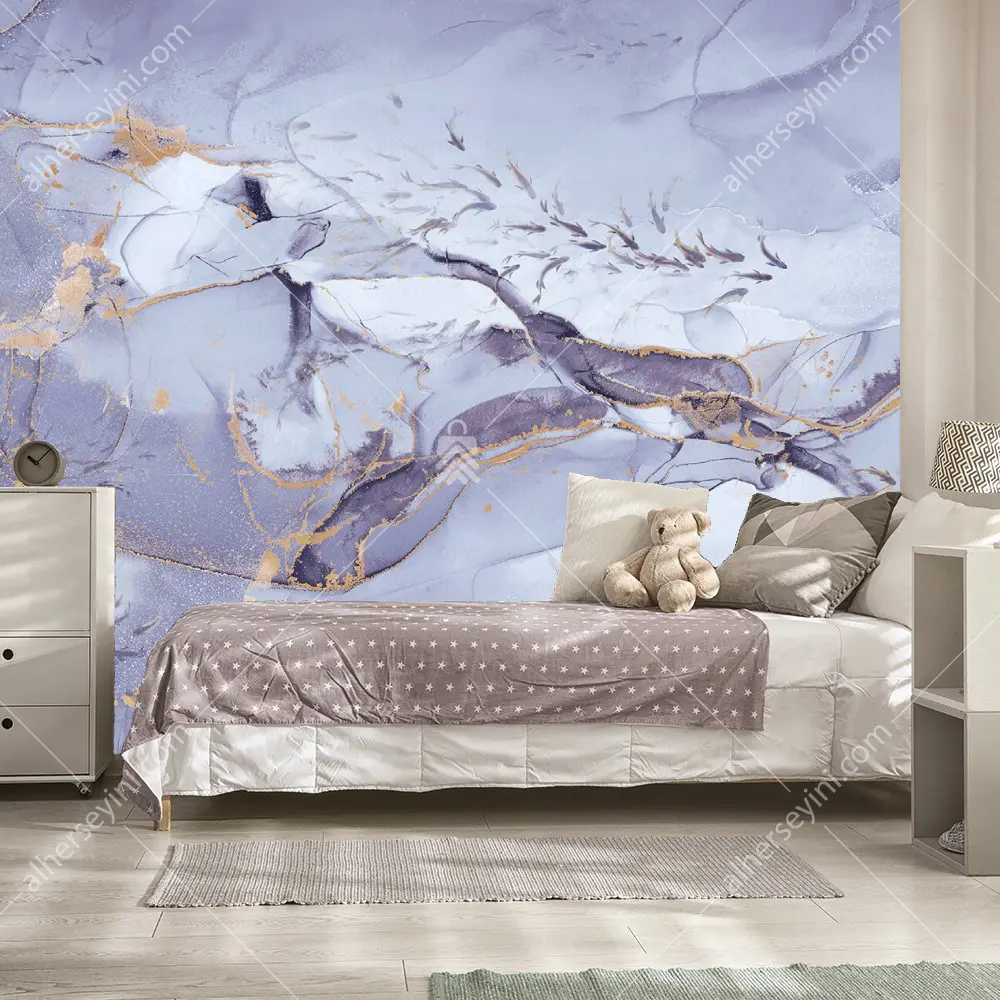 Adawall Fiji FJ320-3 Mermer Zeminde Balıklar Poster Duvar Kağıdı