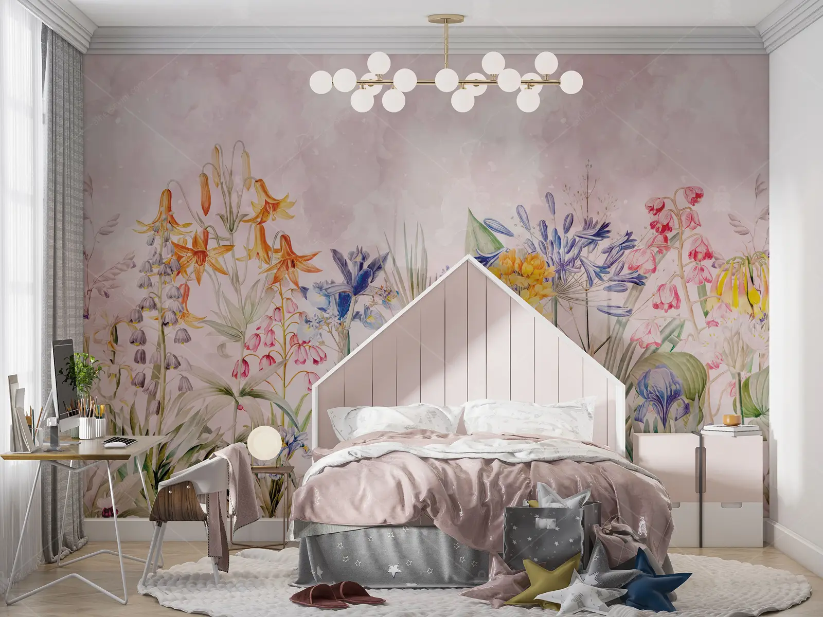 GRP040078 Pembe Zeminde Çiçekler Poster Duvar Kağıdı