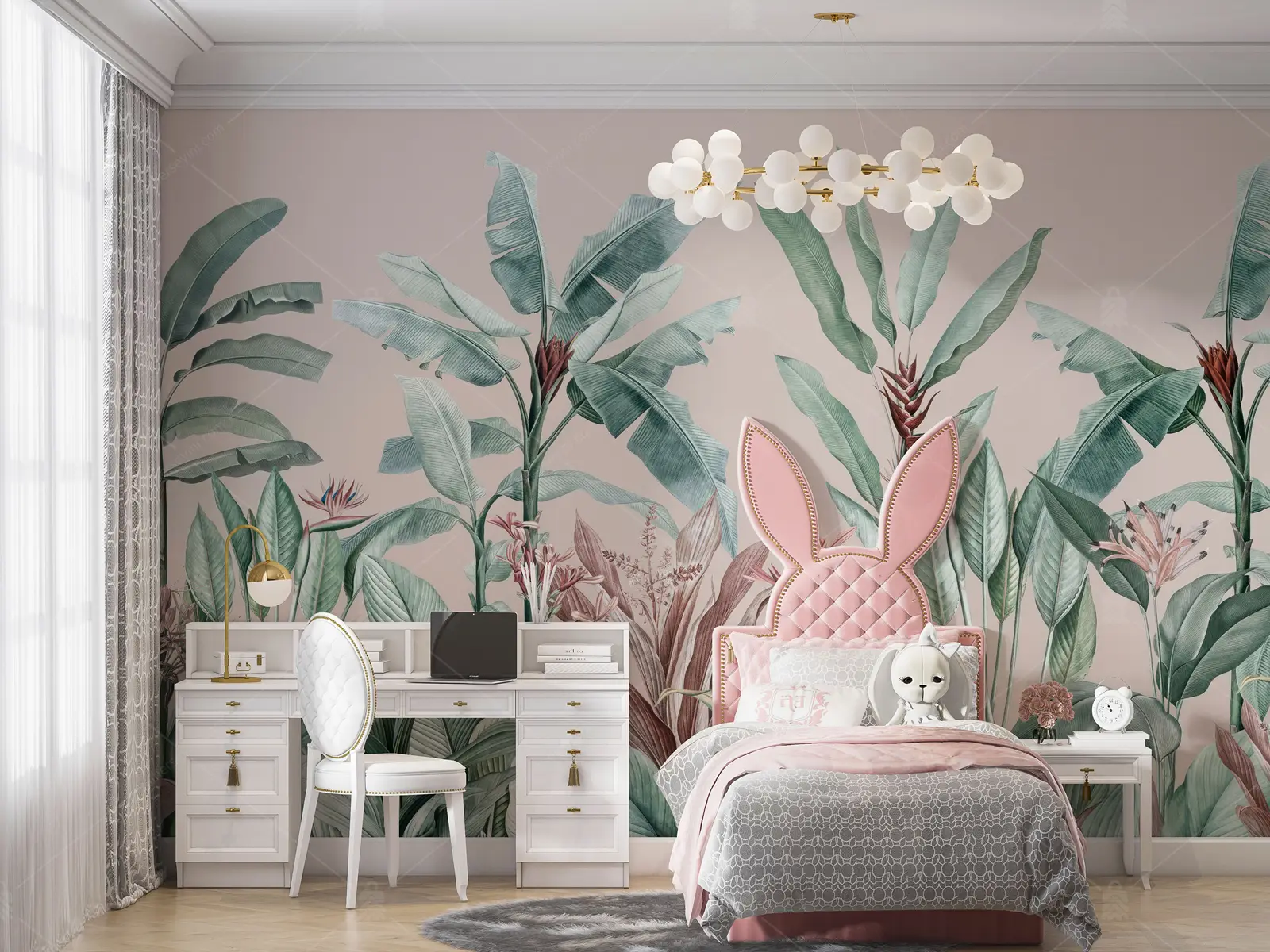 GRP040106 Pembe Zeminde Tropikal Ağaçlar Poster Duvar Kağıdı