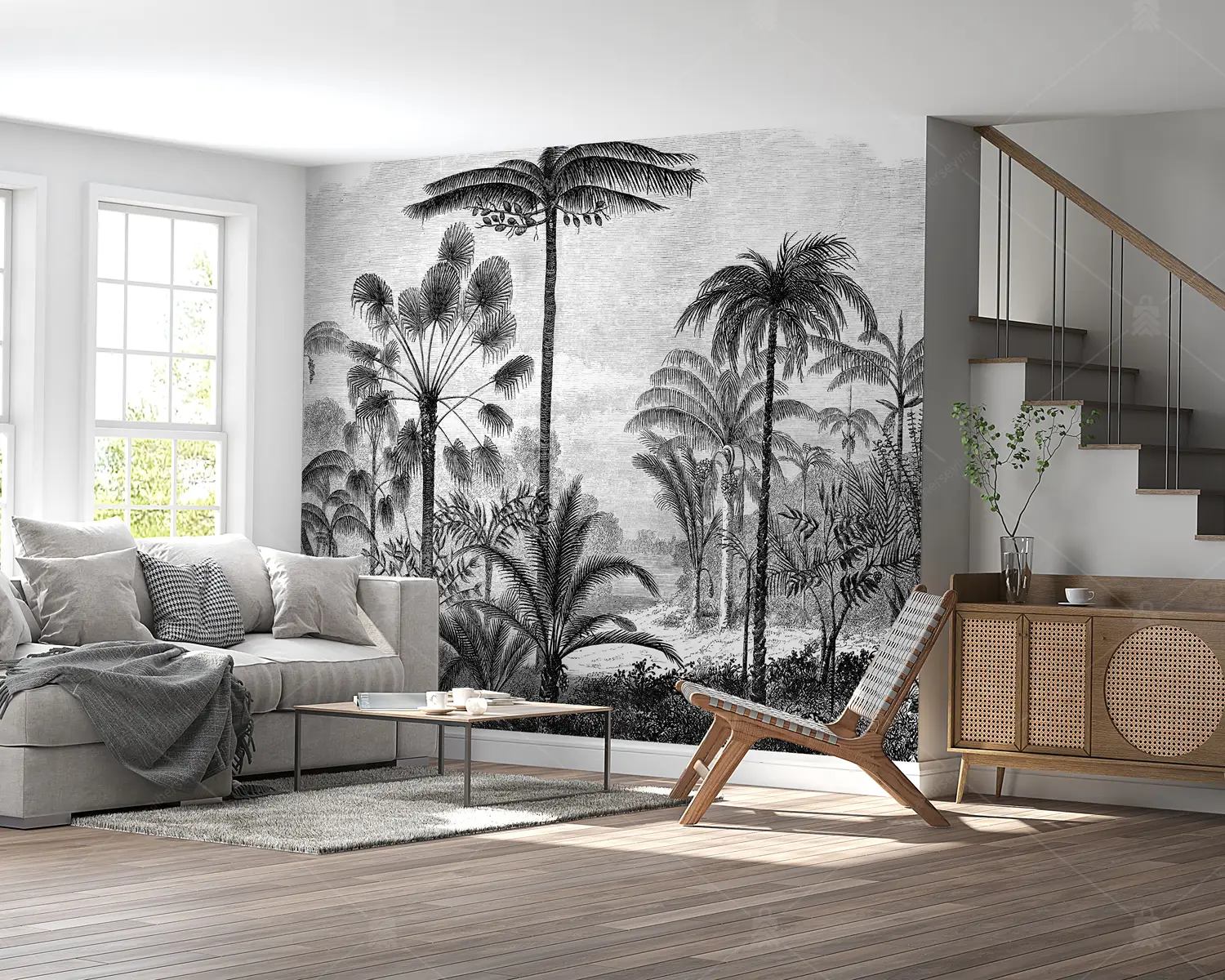 GRP060270 Siyah Beyaz Çizim Tarzı Ağaçlar Panoramik Poster Duvar Kağıdı
