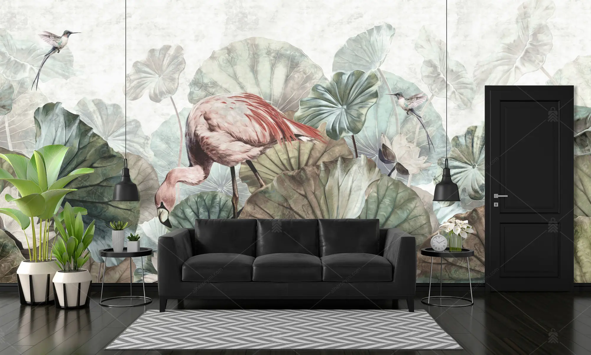 GRP250103 Lotus Çiçekleri Arasındaki Flamingo Poster Duvar Kağıdı