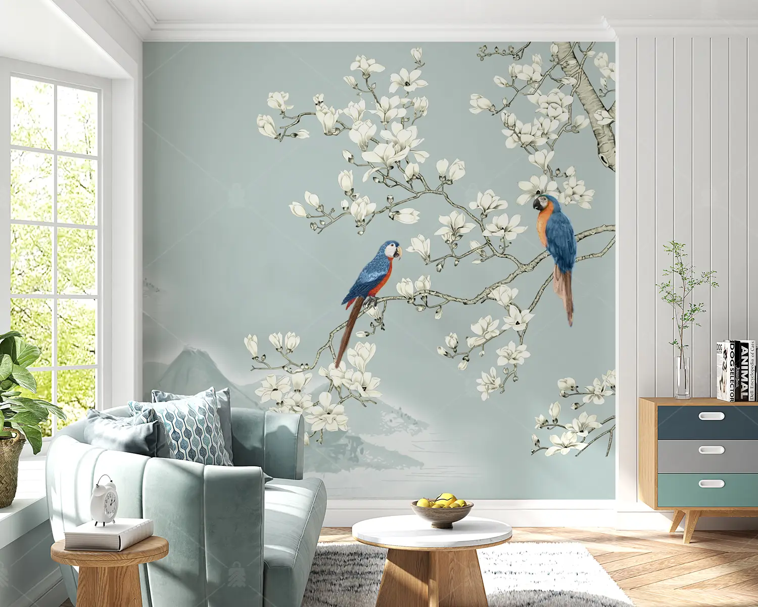 GRP250152 Daldaki Papağanlar Çin Tarzı Poster Duvar Kağıdı