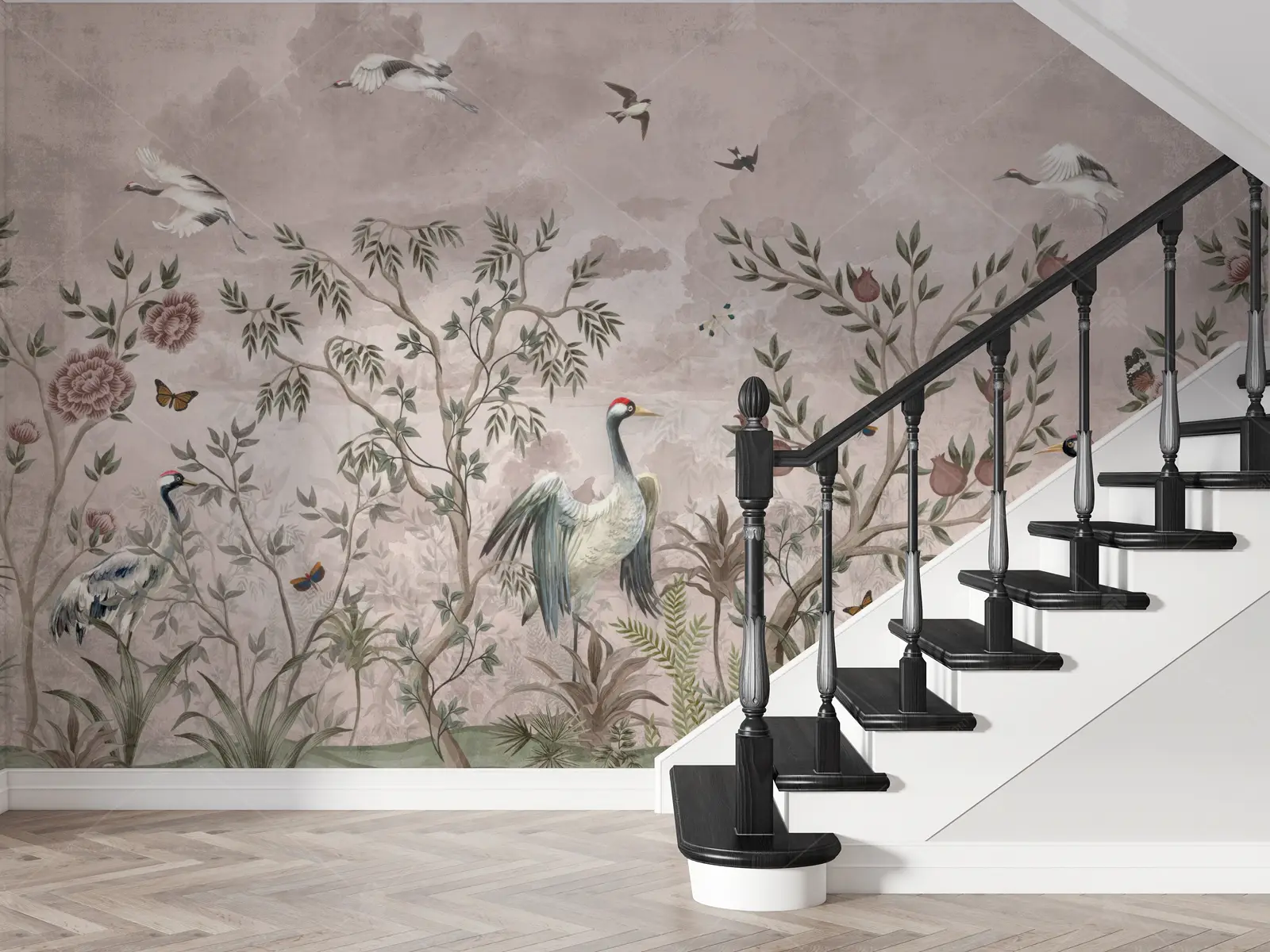 GRP260005 Chinoiserie Çiçekler ve Turnalar Poster Duvar Kağıdı