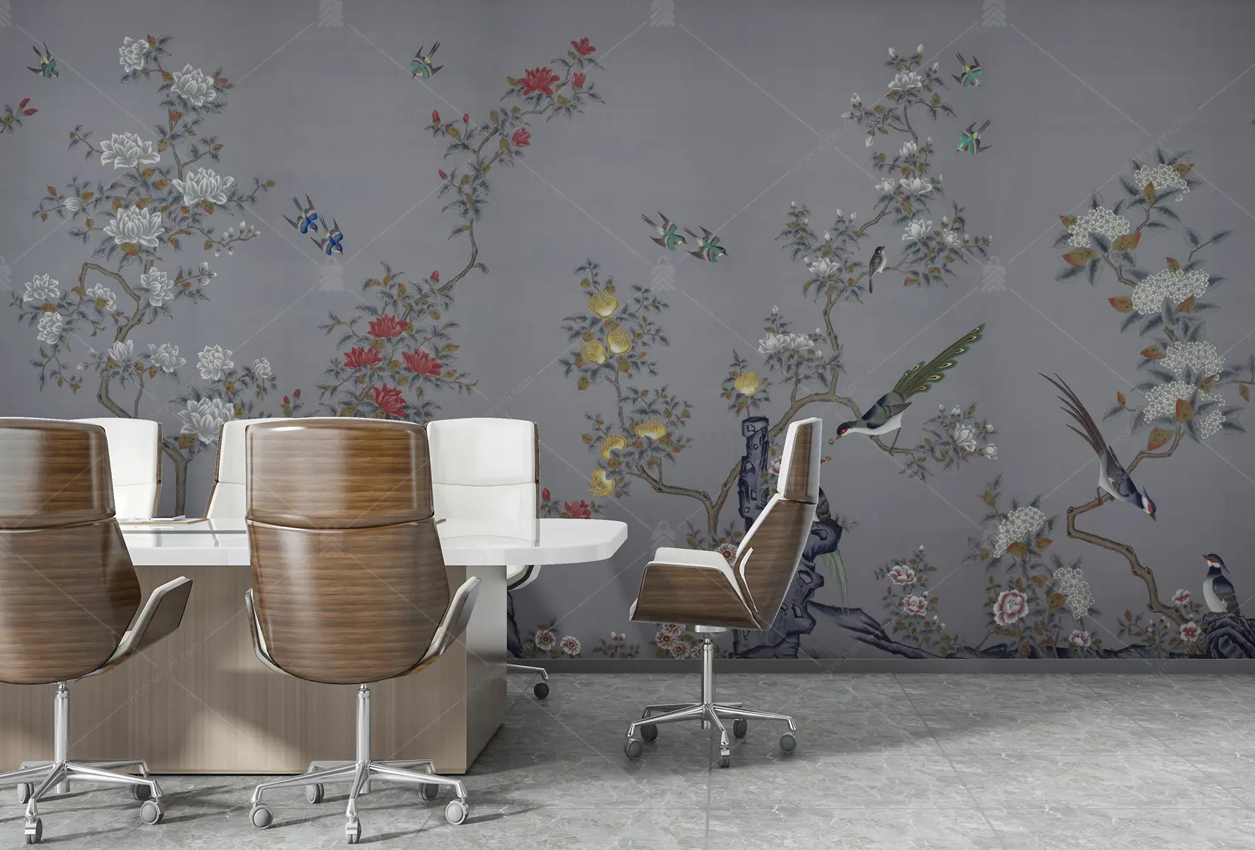 GRP260090 Mavi Zeminde Chinoiserie Tarz Poster Duvar Kağıdı