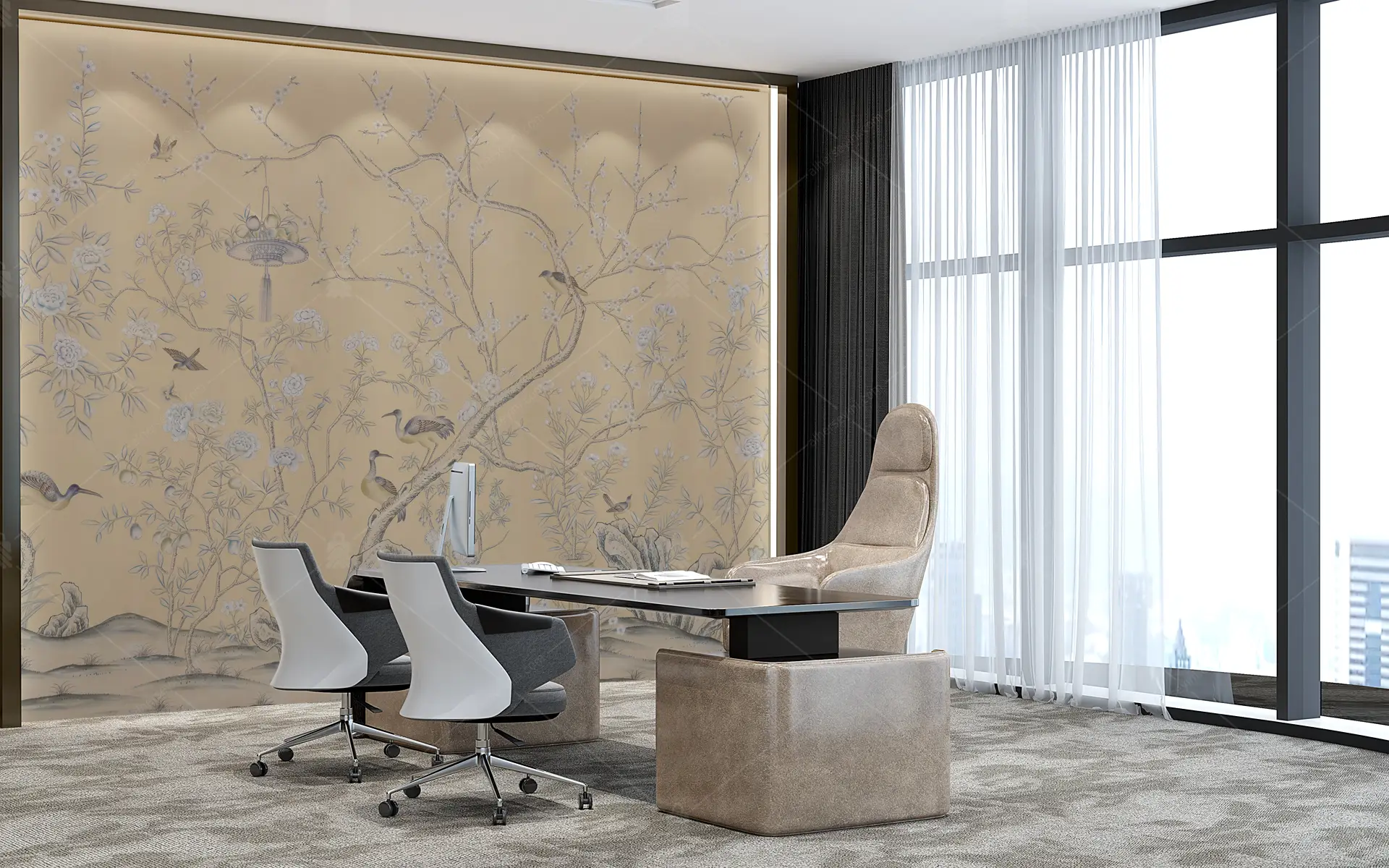 GRP260094 Kuşlu Chinoiserie Ağaçlı Poster Duvar Kağıdı