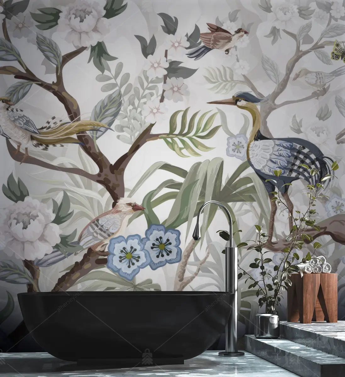 GRP260108 Chinoiserie Tarz Vektörel Çizim Poster Duvar Kağıdı