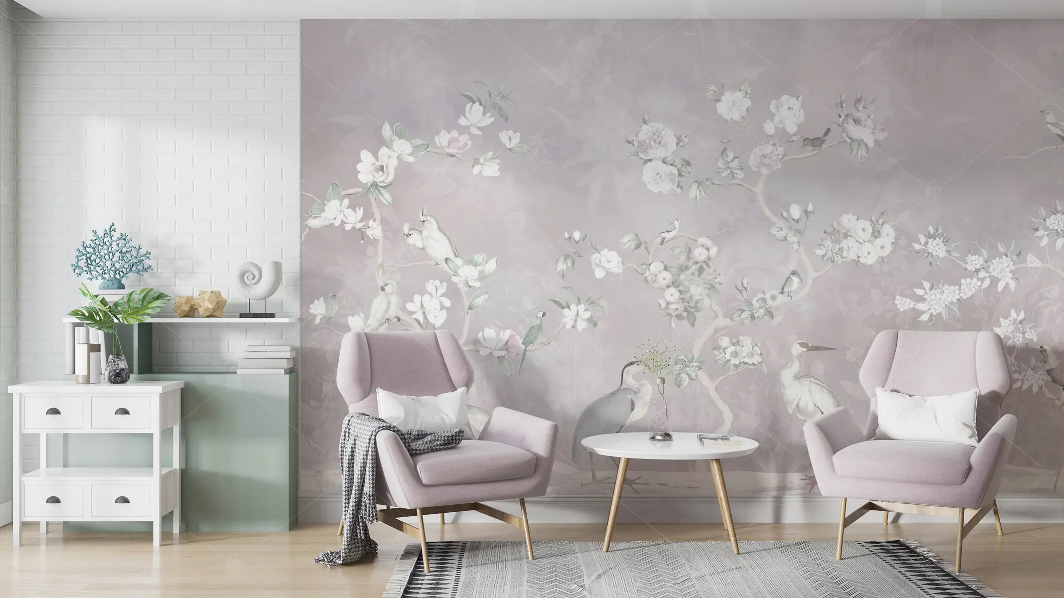 GRP260128 Chinoiserie Stili Soyut Kuşlu Poster Duvar Kağıdı