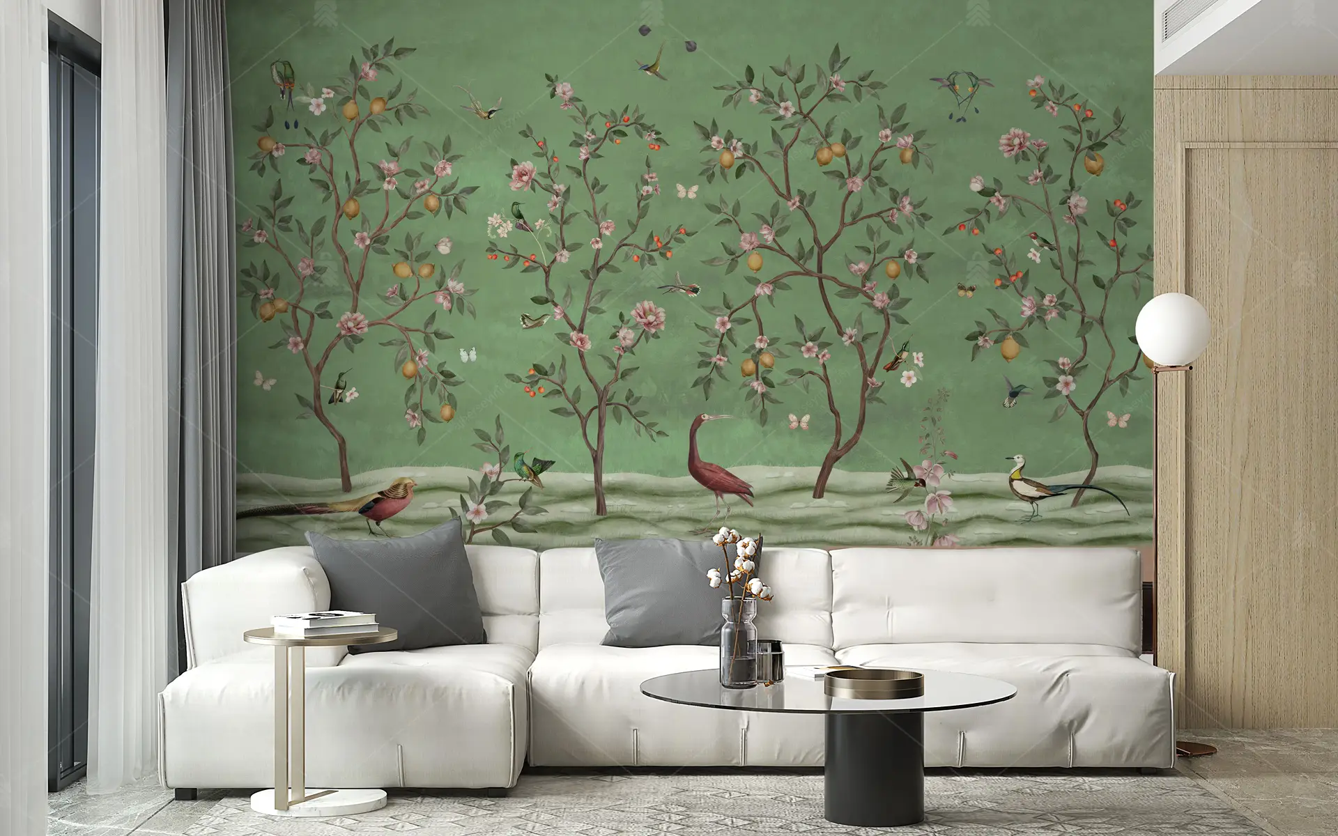 GRP260132 Limon Çiçekleri ve Kuşlar Chinoiserie Poster Duvar Kağıdı