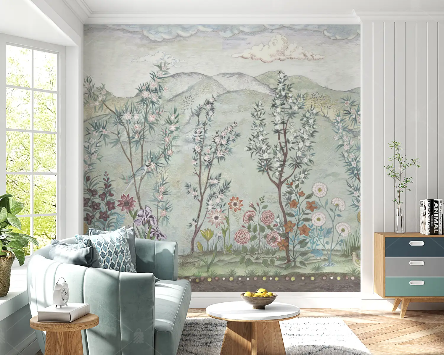 GRP260137 Chinoiserie Pastel Renk Çizim Tarzı Poster Duvar Kağıdı
