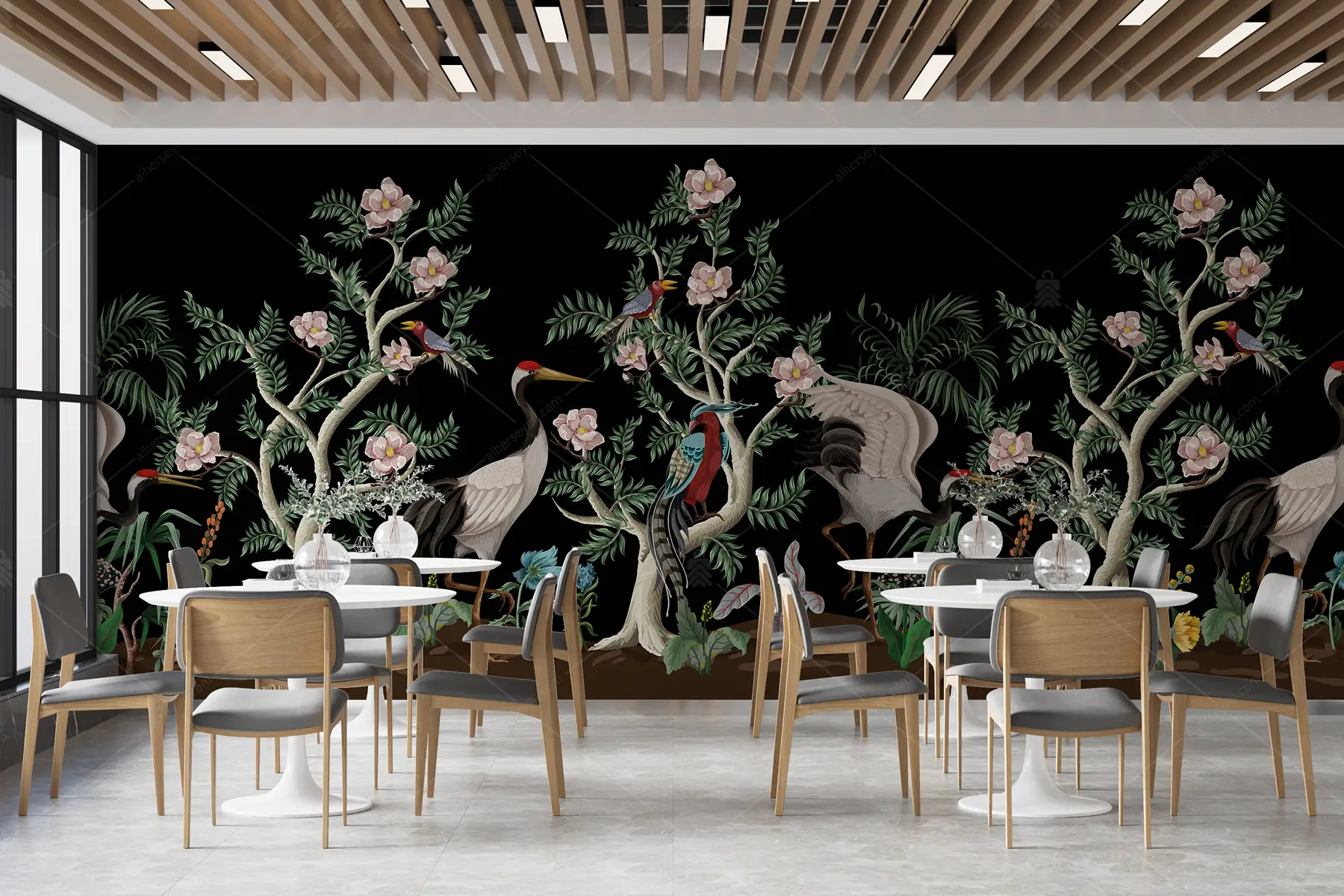GRP260162 Kuşlu Vektörel Chinoiserie Poster Duvar Kağıdı