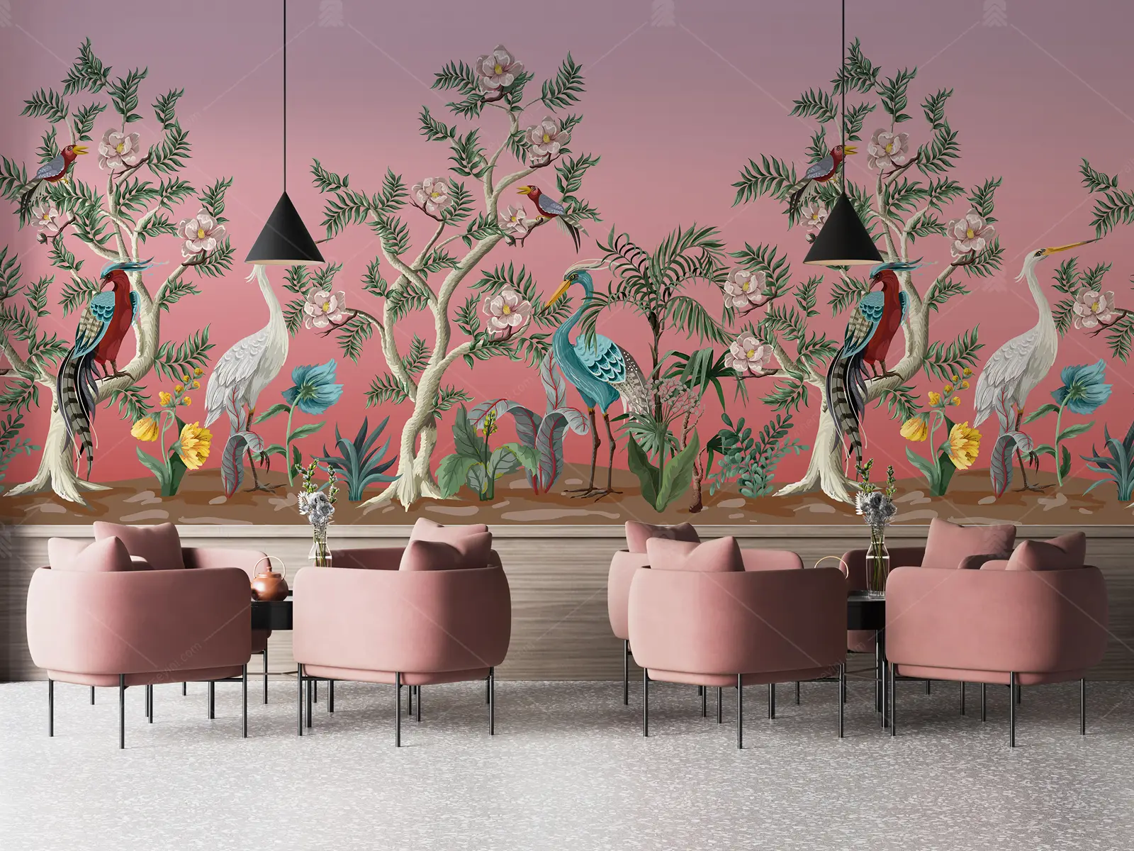 GRP260163 Botanik Vektör Tarzı Kuşlu Chinoiserie Poster Duvar Kağıdı