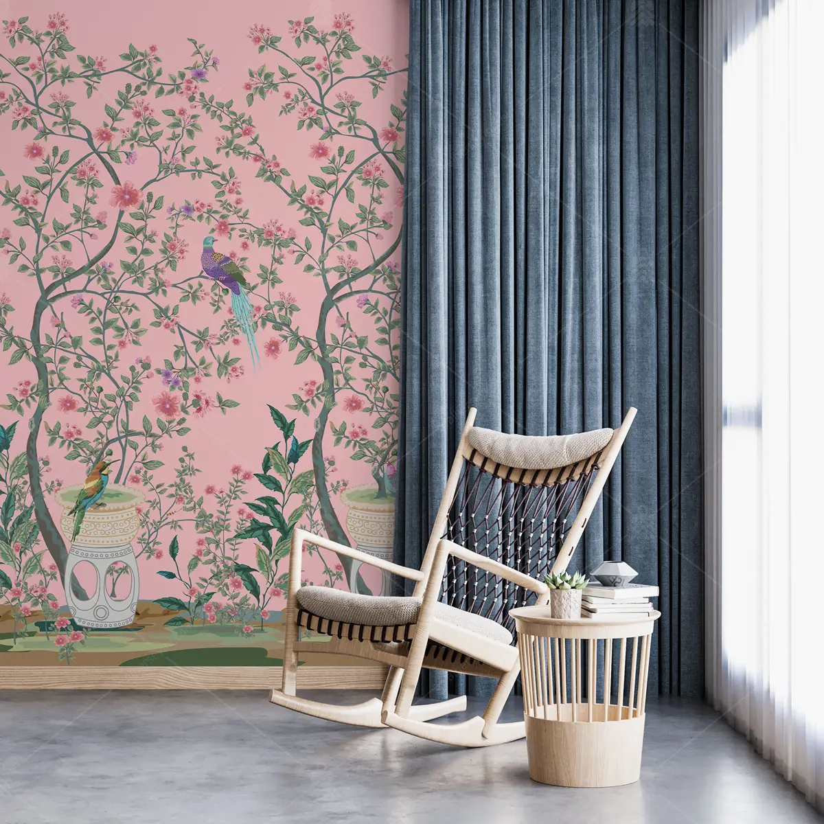 GRP260165 Pembe Zeminde Kuşlu Chinoiserie Poster Duvar Kağıdı