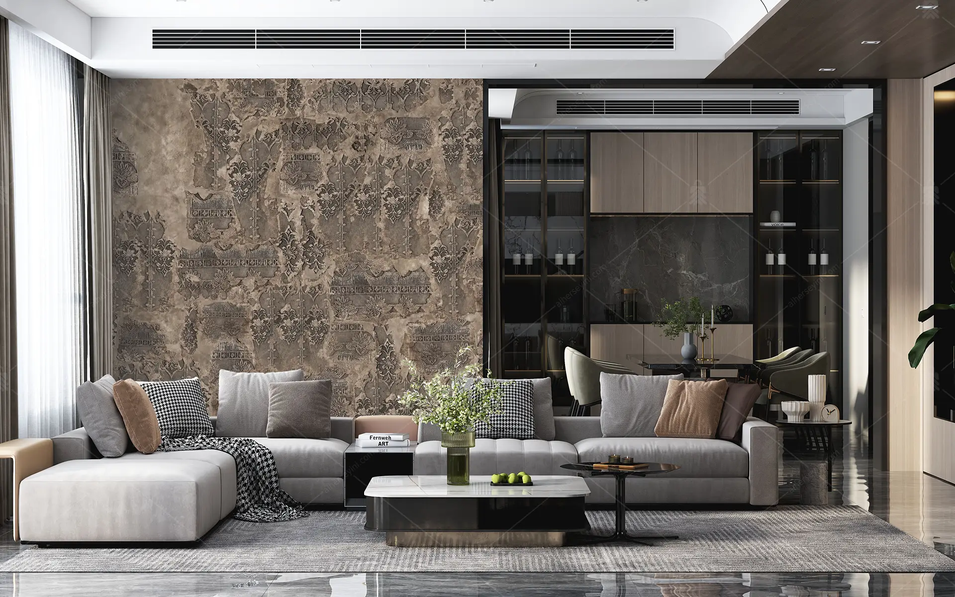 GRP820056 Eskitme Beton Damask Poster Duvar Kağıdı
