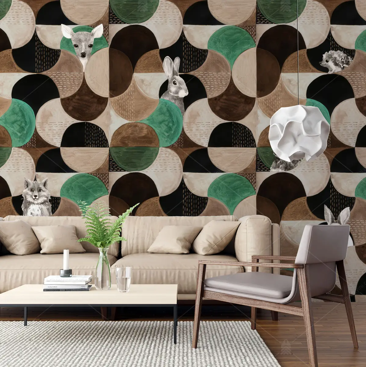 GRP850110 Geometrik Zeminde Saklanan Hayvanlar Poster Duvar Kağıdı