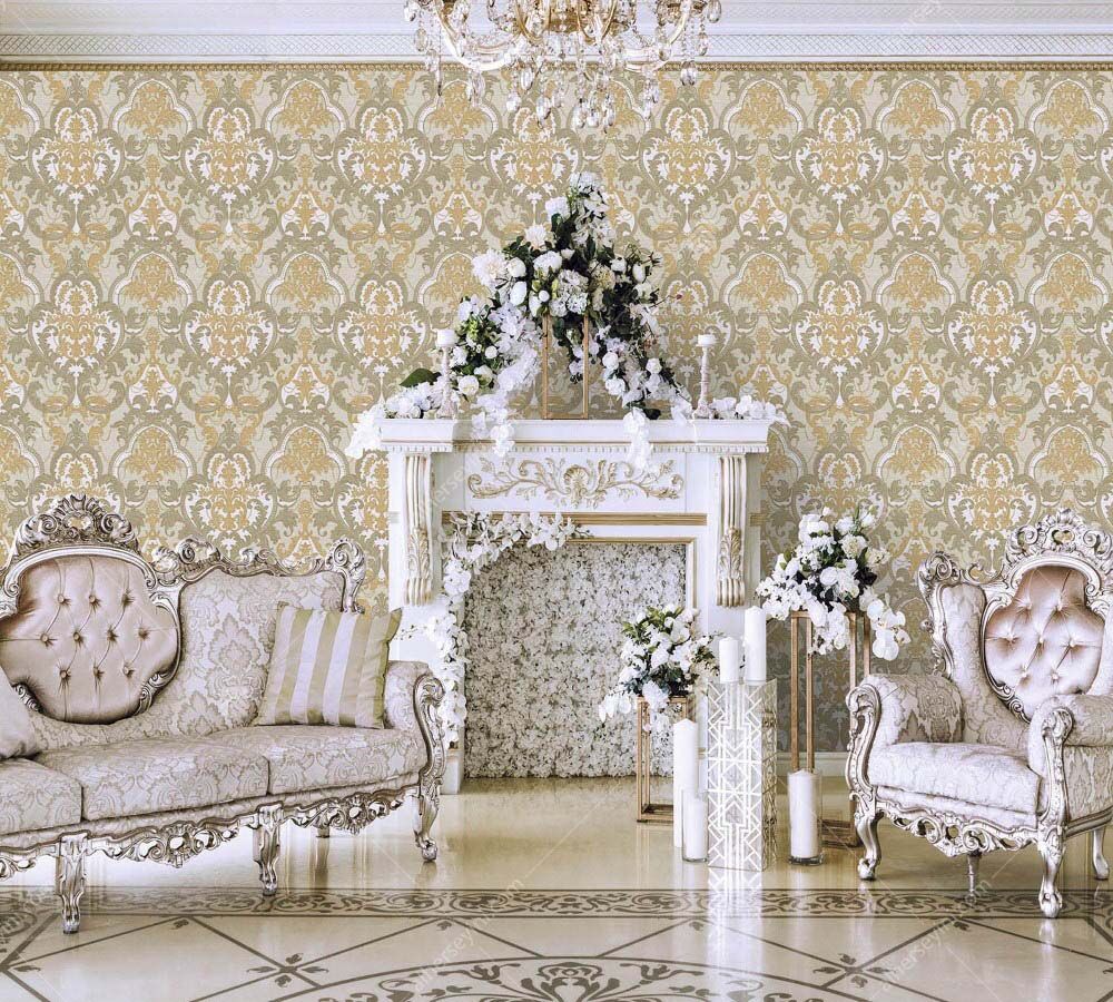 1002-4 Altın ve Bej Damask Desen Duvar Kağıdı Uygulama