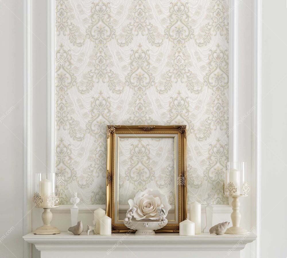 1004-1 Bej ve Gri Modern Damask Duvar Kağıdı Uygulama