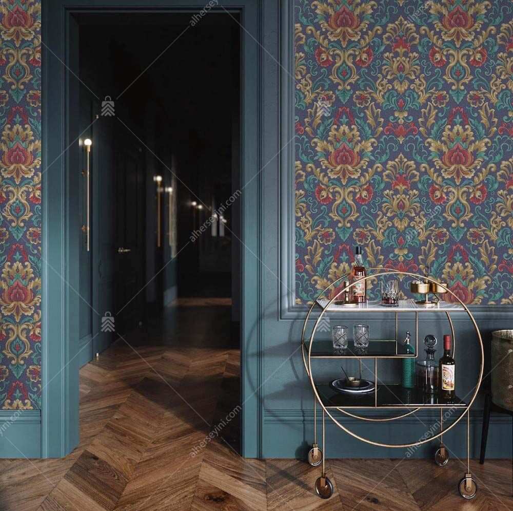 5804-6 Lacivert Damask Desenli Duvar Kağıdı Uygulama
