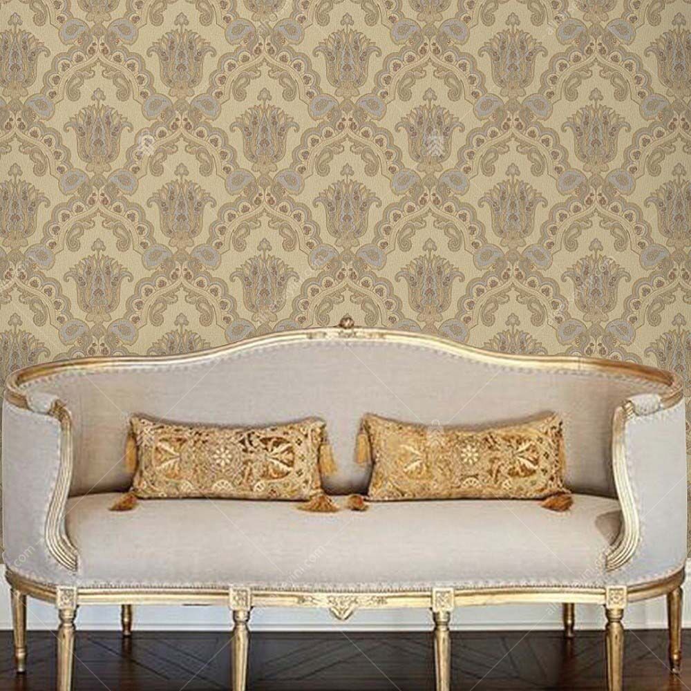 5809-2 Bej ve Gri Damask Desenli Duvar Kağıdı Uygulama
