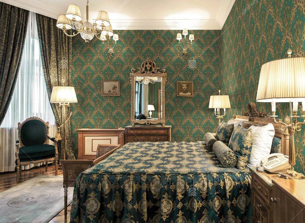 5809-5 Yeşil, Altın ve Mor Klasik Damask Desenli Duvar Kağıdı Uygulama