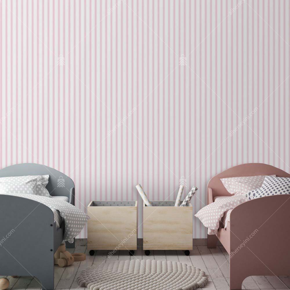 8900-3 Pembe Beyaz Çizgili Duvar Kağıdı Uygulama