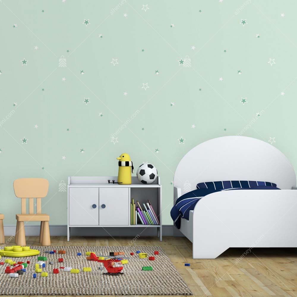 8913-2-Green-Star-Pattern-Wallpaper-Yesil-Yildizli-Duvar-Kagidi-3 8913-2 Yıldızlı Duvar Kağıdı Uygulama