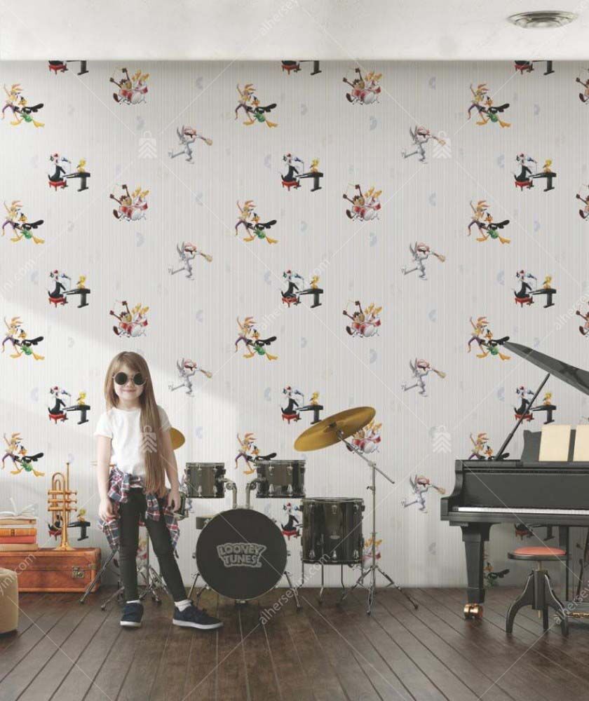 8936-1-Gray-White-Cream-Looney-Tunes-Pattern-Wallpaper-Gri-Beyaz-Krem-Looney-Tunes-Desenli-Duvar-Kagidi-3 8936-1 Looney Tunes Çocuk Odası Duvar Kağıdı Uygulama