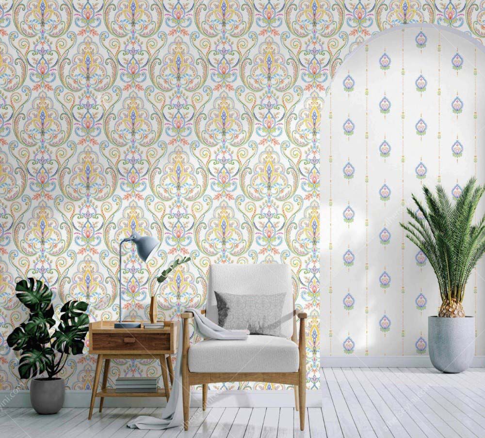 9901-3 Beyaz, Mavi ve Sarı Modern Damask Desenli Duvar Kağıdı Uygulama