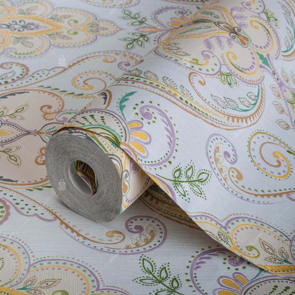 9901-4 Gri, Pembe ve Sarı Modern Damask Desenli Duvar Kağıdı Rulo