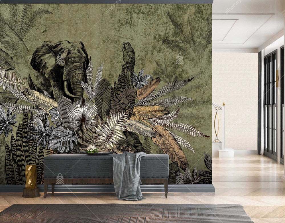 A321-3 Amazon Tropikal Çiçeklerdeki Fil ve Papağan Duvar Posteri Uygulama