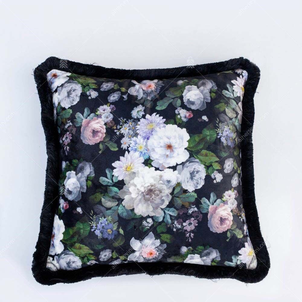 EY100-black-flowers-tassel-pillow-siyah-cicekler-firfirli-yastik EY100 Siyah Çiçekler Fırfırlı Yastık