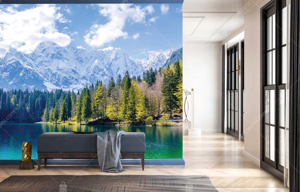 M1051-Lake-trees-and-mountain-landscape-poster-mural-wallpaper-Gol-Agac-Dag-Manzarasi-Poster-Duvar-Kagidi-Moneta M1051 Göl Ağaç Dağ Manzarası Poster Duvar Kağıdı Uygulama