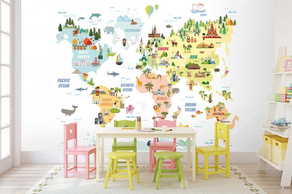 2173 Warner Bros Çocuk Temalı Dünya Haritas Duvar Posteri Uygulama