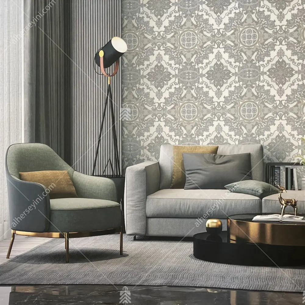 1301-4 Adawall Seyyah Gri Klasik Damask Duvar Kağıdı