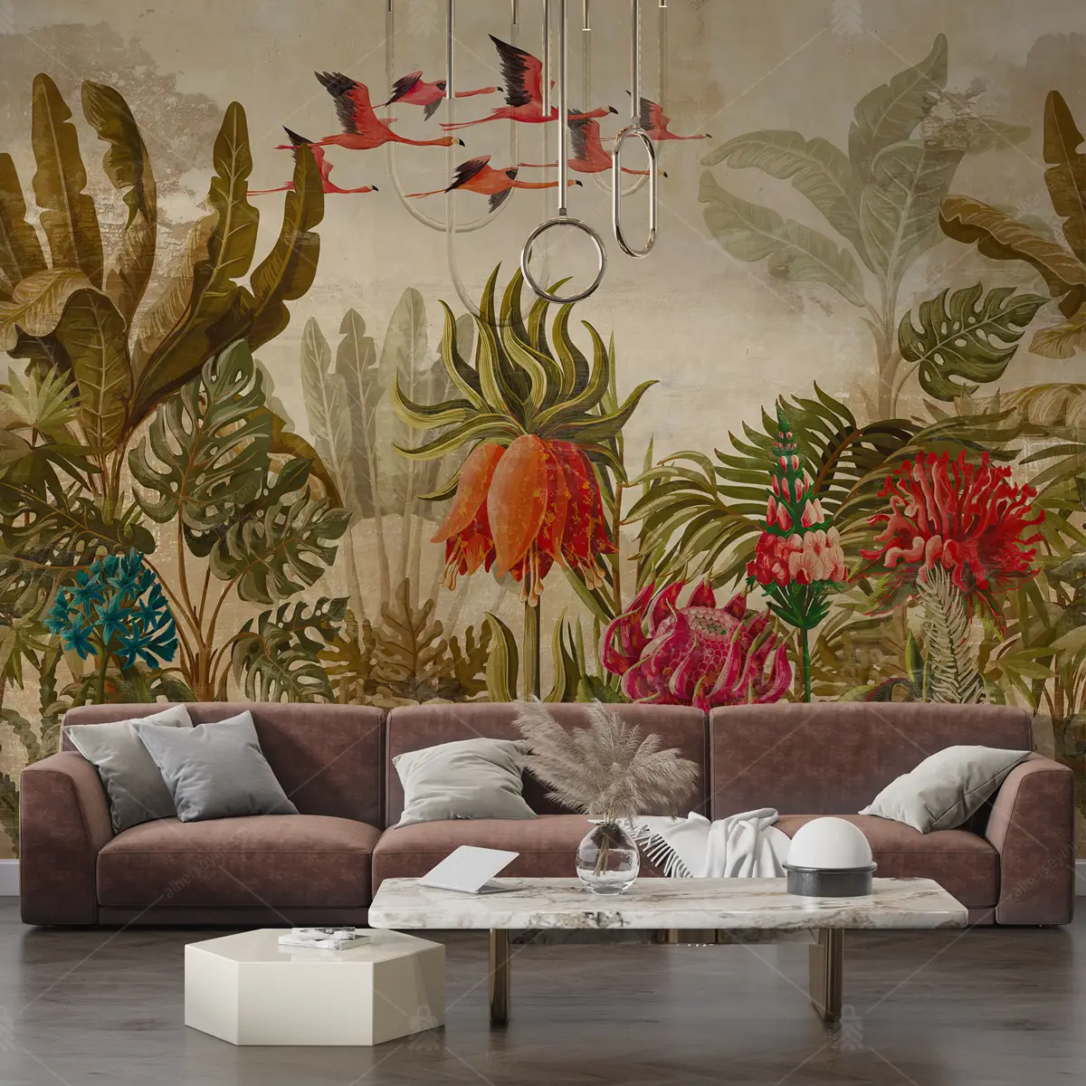 GRP030059 Tropikal Ağaçlar ve Kuşlar Poster Duvar Kağıdı