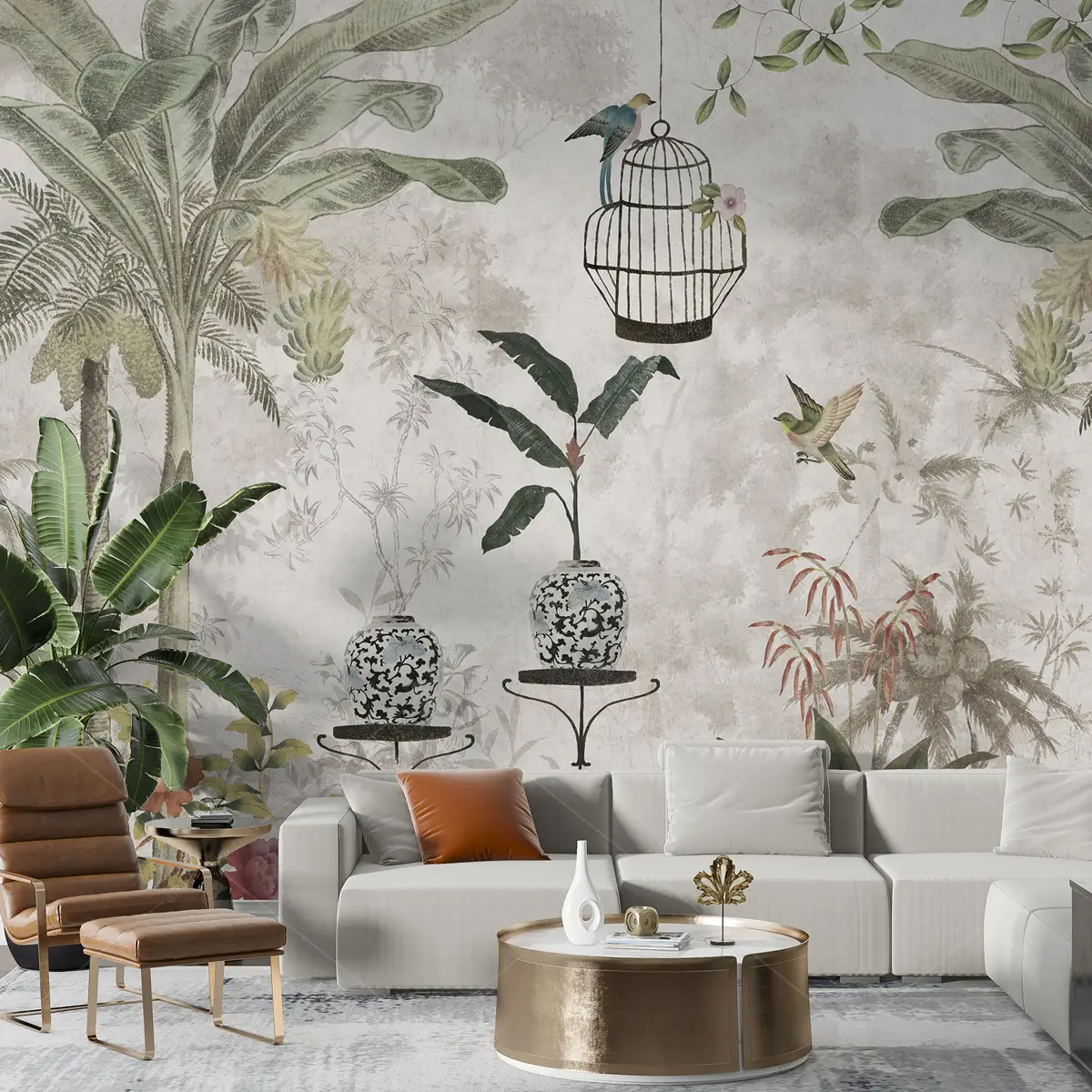 GRP030083 Vazo Çiçek ve Kuş Tasarımlı Tropikal Poster Duvar Kağıdı